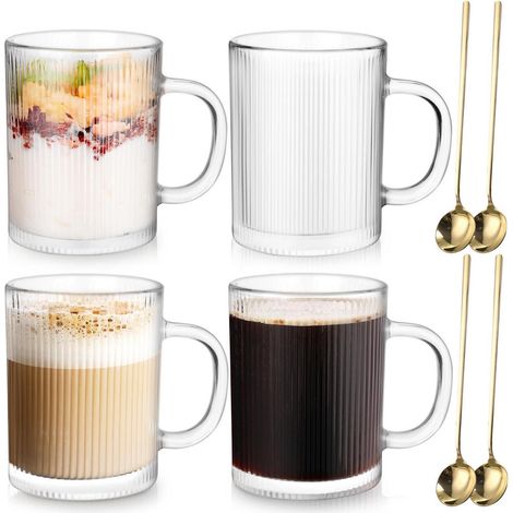 4er Set Cappuccino Tassen 350ml mit Löffeln, geriffeltes Glas für Latte Macchiato
