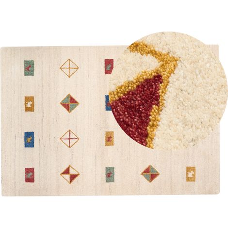 Alfombra gabbeh de lana beige amarillo azul verde rojo 160 x 230 cm geométrico animal Misinli