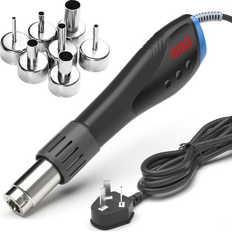 Pistola de aire caliente versátil para principiantes: 600 W, temperatura ajustable (de 100 °C a 500 °C), flujo de aire (F01–F10), calentamiento rápido en 10 segundos y 7 boquillas intercambiables.