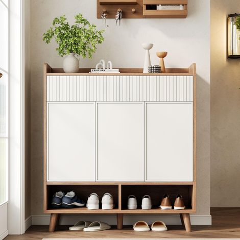 Zapatero, 90x35x100 cm, mueble de recibidor con 3 puertas y 2 cajones, cómoda de almacenaje en madera de estilo escandinavo, blanco y madera (1/5)