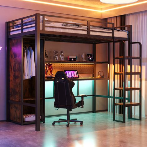 Letto a soppalco per bambini 90x200 cm con scrivania, armadio, illuminazione LED multicolore, contenitore, struttura in metallo MDF nero (1/5)