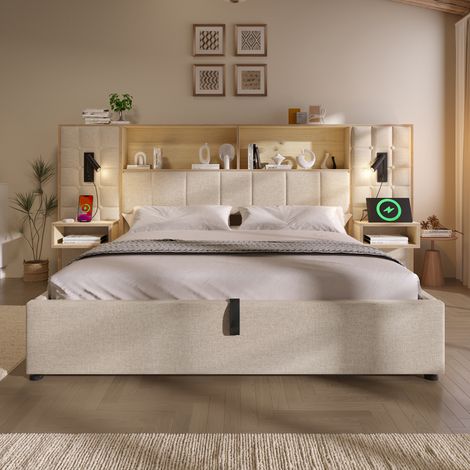 Lit coffre hydraulique 160x200 cm, 2 chevets suspendus, 2 liseuses LED, USB/Type-C, sommier inclus, sans matelas, tissu en lin beige (1/5)