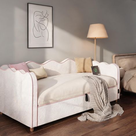 Cadre de lit beige en boucle 216 x 102,5 x 74,5 cm (1/5)