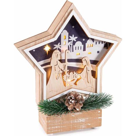 Crèche étoile en bois ajourée Sainte Famille, LED, pin et pomme de pin décorative, lot de 2, 17,5 x 5 x H. 21 cm