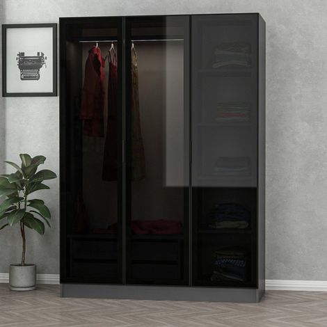 Armario 3 Puertas Gerrei, Ropero Dormitorio con Perchero, 5 Estantes, 3 Puertas, 135x52 cm Negro Antracita (1/5)