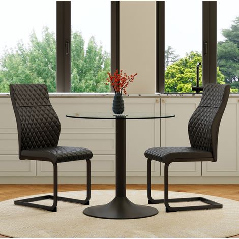 Conjunto de mesa de comedor redonda de cristal 85x85x76 cm, 2 sillas de PU, estilo industrial ligero, negro y transparente (1/5)