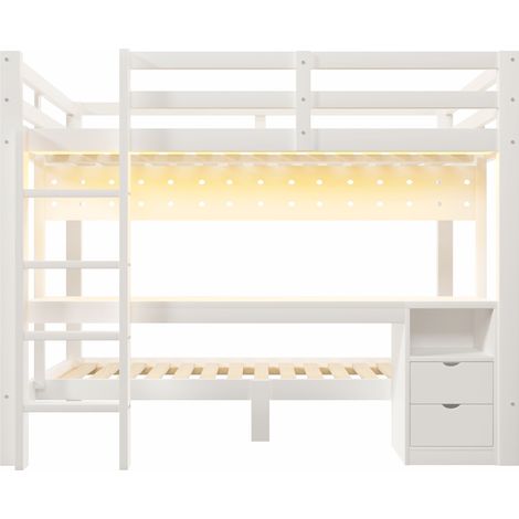 Cama alta infantil 90x200 y 140x200 cm de pino blanco con escritorio, cajones y LED (1/5)