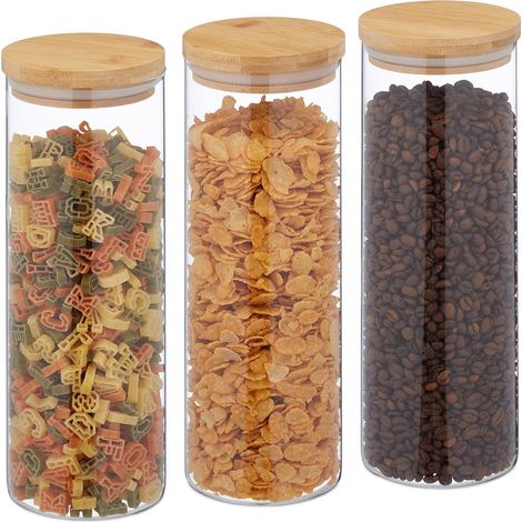 Lot de 3 bocaux en verre, couvercle bambou, bocal conservation rond, 1600 ml, hermétique, transparent/nature (1/5)