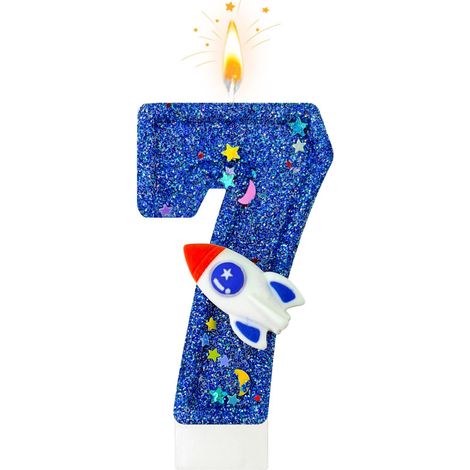 Bougie d'anniversaire chiffre 1 bleu pailleté avec fusée, décoration d'étoiles, thème de l'espace, pour anniversaire d'enfant (7 ans) (1/5)