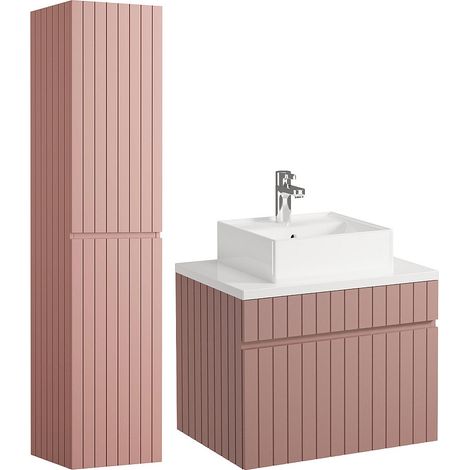 Mobile per bagno sospeso scanalato con lavabo da appoggio e colonna - 60 cm - Rosa - SATARA