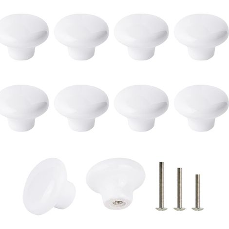 Lot de 10 bouton, céramique, rond rétro blanc 32mm, avec vis métal, pour armoire cuisine (1/5)
