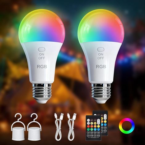 2 Ampoule, E27 LED RGB, Rechargeable 7W, Télécommande, Minuterie, Camping Noël (1/5)