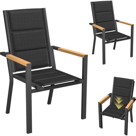Devoko – Chaise de jardin empilable en aluminium – Dossier haut avec accoudoirs effet bois – Tissu Textilène respirant – Charge 160 kg – Dimensions 65x58x99 cm (1/5)