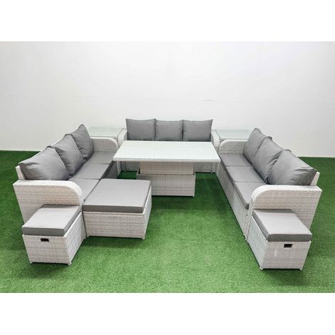 Fimous PE Rattan Lounge Sofa Set 12 Seater Outdoor Garden Furniture Set with Adjustable Lifting Dining or Coffee Table 3 Seater Sofa 3 Stools 2 Side Table Light Grey (1/5)