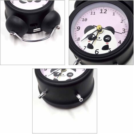 Sveglia vintage per bambini con doppio campanello, carino panda cartone, silenziabile, orologio da scrivania per camera (nero) (1/4)