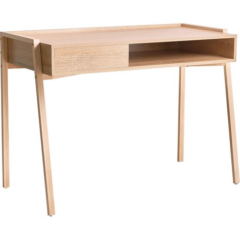 Bureau Minimaliste en Panneaux de Particules 107 x 48 cm avec Étagère et Tiroir Pieds en Fer Marron Clair Kofoten (1/5)