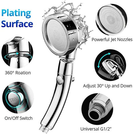 Mitigeur de douche Pommeau de douche universel Séparateur d'eau [3 arrêts Fleur d'argent + Socle + Tuyau 1,5 m + Courroie d'alimentation] (1/5)
