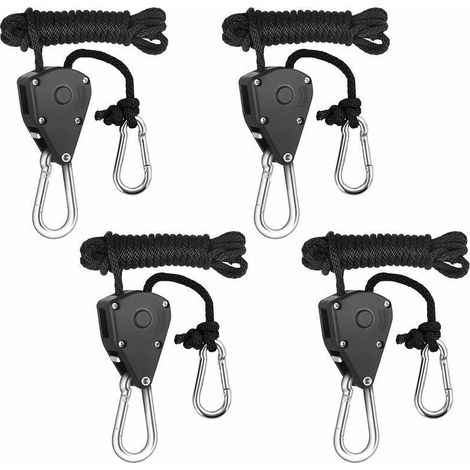 Lot de 4 poulies à cliquet robustes pour corde de suspension réglable poulie de levage lanière corde cintre kayak et canoë bateau arc corde serrure sangle d'arrimage, longueur de corde 2 mètres (1/5)