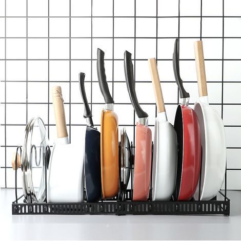 Organisateur de casseroles extensible avec séparateurs et support pour couvercles, noir (1/5)