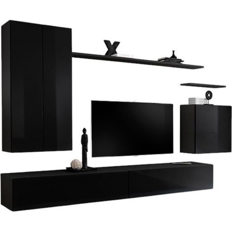 Conjunto de muebles de salón SWITCH II – Negro brillante – Mueble para TV y almacenajes suspendidos modernos