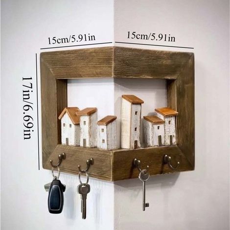 Porte clés mural d'angle en bois avec 4 crochets, rangement pratique pour clés et accessoires (1/3)