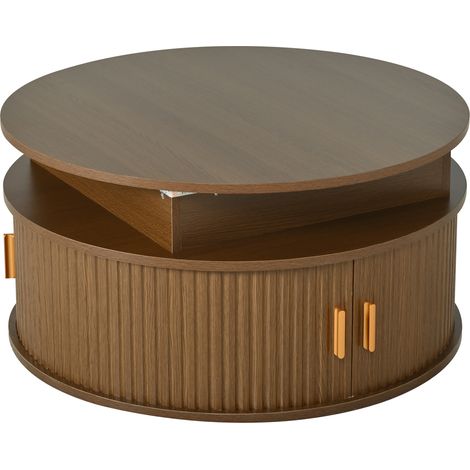 Tavolino da caffè rotondo elevabile 75 x 75 x 52 cm con LED e vano portaoggetti color noce HOMVRA (1/5)