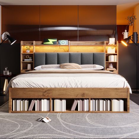 Lit Plateforme 160x200cm - Rangements Multiples (Tiroirs Étagères) - LED 20 Couleurs - Ports USB/Type-C - Capacité 300kg - Chêne (1/5)