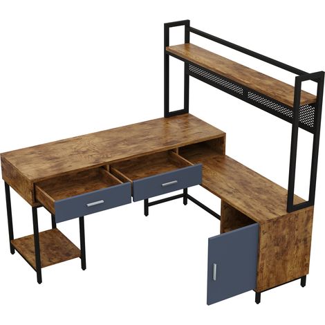 Bureau d'angle industriel en MDF et métal 140 x 140 x 135 cm, noir et bois naturel avec rangements (1/5)