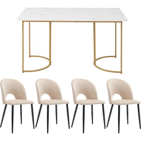 Conjunto de comedor 5 piezas 140 x 80 cm mesa blanca efecto mármol con 4 sillas beige de terciopelo (1/5)