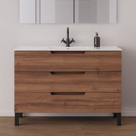 Meuble de salle de bain 120cm simple vasque - 3 tiroirs - sans miroir - noyer (bois foncé) - RIZA (1/5)