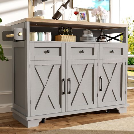 Îlot de cuisine moderne (118 × 43-80 × 98 cm) avec meuble de salle à manger intégré, desserte à roulettes en bois, espace de rangement multifonctionnel, séparateurs amovibles et porte-serviettes, gris (1/4)