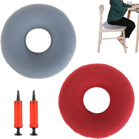 2 Pièces Coussin de siège de Beignet, Coussin d’Assise Gonflable en Anneau, Coussin de Siège Gonflable avec Pompe, Coussins pour Voitures, Canapés, Bureaux et Fauteuils Roulants (Rouge, Gris) (1/5)