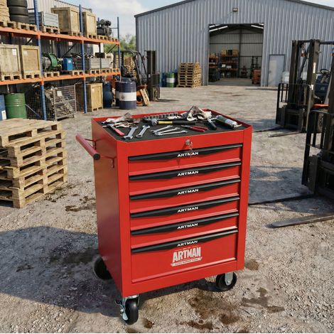 Carrello portautensili 60x33x77.5 cm, 6 cassetti, chiudibile, ruote piroettanti, acciaio rosso e nero