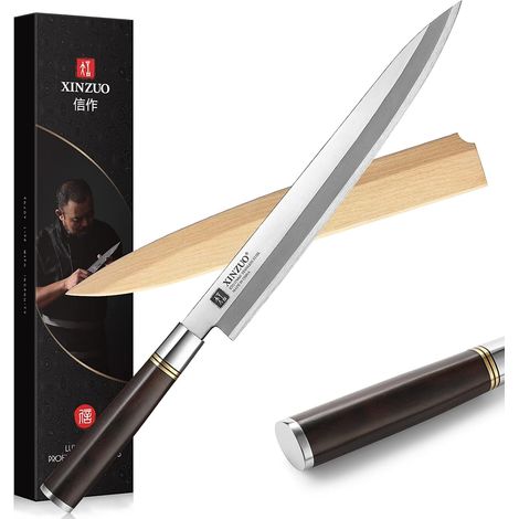 27cm Couteau Yanagiba X7Cr17MoV Acier Inoxydable, Sushi Sashimi Couteau Cuisine Trancher, Lame Biseautée Unique, Ébène Manche en Bois -Fourreau en Bois de Bouleau (1/5)