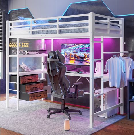 MEUBLIV Hochbett 90x200 cm weiß – Schreibtisch, LED und Stauraum, ohne Matratze (1/5)