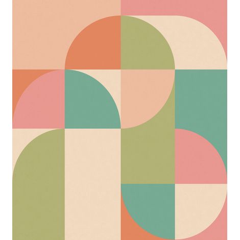 papier peint panoramique cercles de style Bauhaus rose, vert et bleu  - ESTAhome