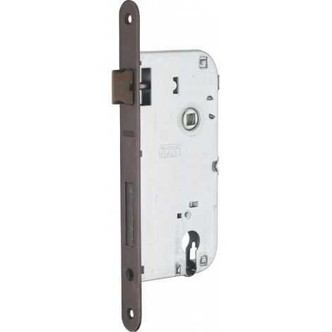 Serratura da incasso a cilindro europeo 90mm x 50mm, doppia mandata, reversibile, piastra tonda, richiamo 1/2 giro, bronzo - THIRARD