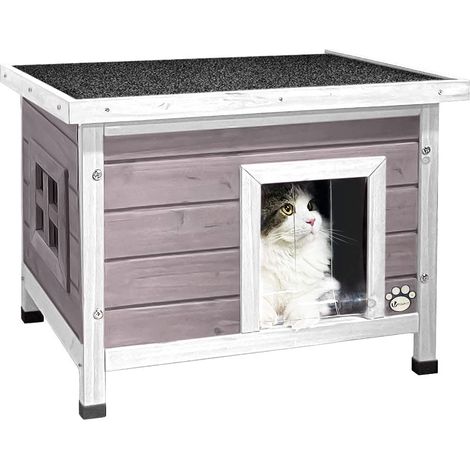 Maison de Chat en Bois avec Toit Bitumé et Fenêtre Plexiglas Maison de Toilette pour Chat Meuble de Bac avec Porte Niche 57x45x43cm Gris (1/5)