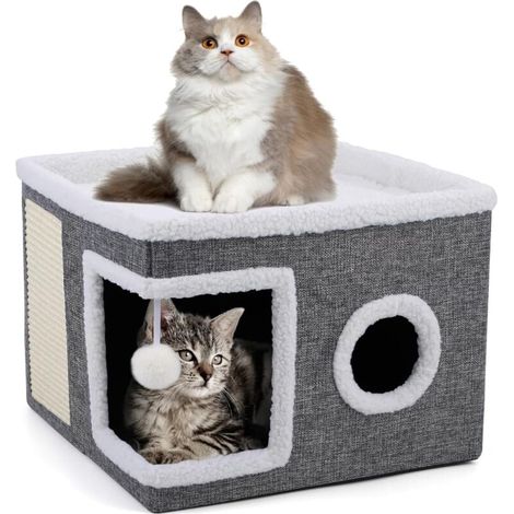 Foldable Cat House, Indoor Large Cats, 43 D x 43 W x 32 H cm, Large Cat Cave with Scratching Board and Play Ball, 2-Layer Cat Cube, Cat House Cave for Small and Medium Pets MUMU (1/4)