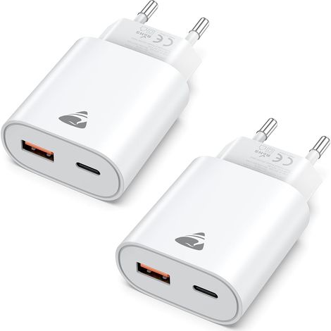 2Pack Chargeur USB C, 20W Prise USBC Adaptateur Secteur Type C PD+QC Double Mural Prise Bloc Type C Chargeur Rapide pour 16 15 14 13 12 11 Pro Max XS XR X 8 7 6 SE iPad, Galaxy, Telephone (1/5)