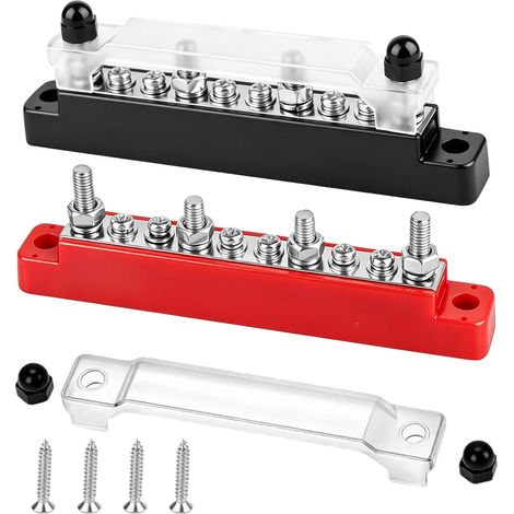 Lot de 2 Barres de Distribution 12V-48V DC Répartiteur 150A avec Couvercle, Bloc de Distribution Électrique 6 Bornes M4 et 4 Boulons M6 pour Voiture, Bateau, Camping-Car, Répartiteur de Courant (1/5)