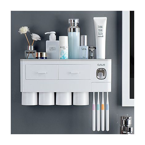 Distributeur automatique de dentifrice, 3 emplacements pour brosses à dents avec couvercle anti-poussière, 3 godets (1/5)