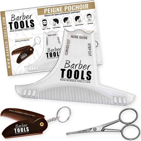 Kit de rasage de barbe - Accessoires pour barbe et moustache, Peigne guide pour rasage + ciseaux à barbe + porte-clés peigne (1/5)