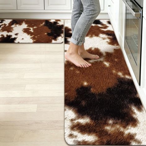 Lot de 2 tapis de cuisine vintage en cuir de vache - Anti-fatigue - Antidérapants - Lavables - Décoration d'intérieur pour buanderie, évier, couloir, entrée, salle de bain - 43,2 x 76,2 cm (1/5)