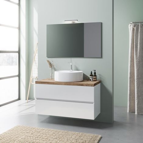 Kiamami Valentina – Meuble salle de bains suspendu 100 cm – Blanc brillant – Plateau en chêne naturel – Lavabo à cuvette ovale – Miroir 100x60 (1/4)