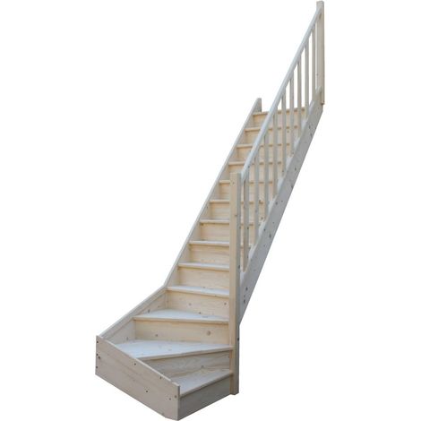 Levigne – Escalier quart tournant bas sapin massif 280 cm – 13 marches – Largeur 82 cm – Encombrement 282 cm – Livré en 3 colis