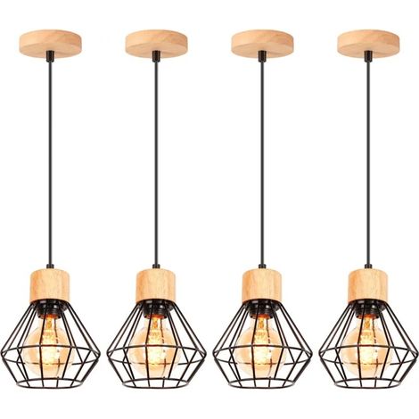 4pcs Lustre Suspension Industriel Vintage Luminaire Abat-jour en Bois Métal Design Cage Plafonnier Ajustable pour Salon (1/5)