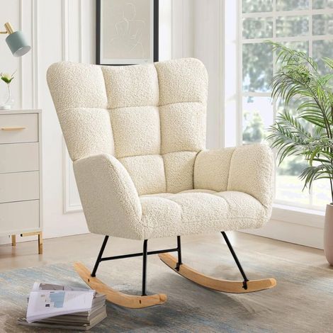 Fauteuil à bascule, fauteuil d'allaitement, fauteuil à bascule scandinave en sherpa avec pieds en bois pour chambre d'enfant, chambre à coucher, salon, balcon, blanc ivoire