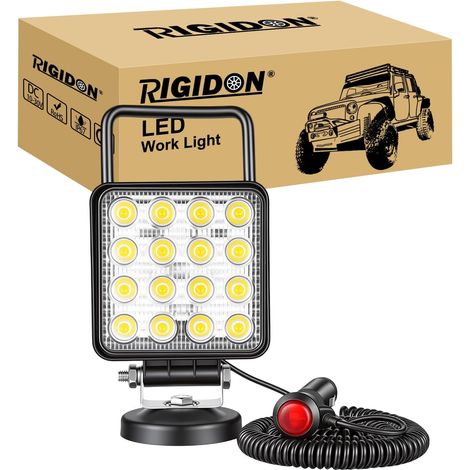1x 10 cm 4 pouces 48W carré lampe de travail portable allume-cigare  feux de travail aimanté, base magnétique, 12V 24V, câble de 3 mètres, phare, flood, pour offroad Voiture camions ATV SUV 4x4 (1/5)