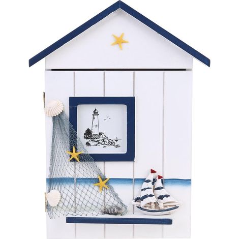 Porte-Clés Mural Bois Petite Boîte à Clés Maison Style Méditerranéen Motif Étoile et Voile pour Organisation Clé la Cuisine et Entrée